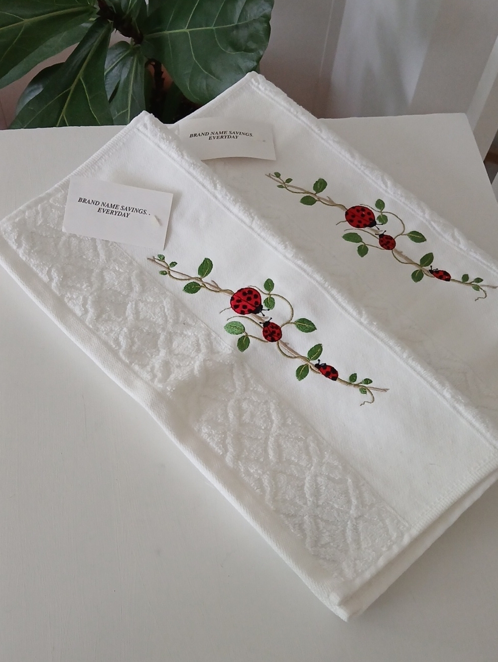 Ladybugs Hand Towels 100% Cotton Bianca Jacquard Portugal 15.75x27.5" Set Of 2